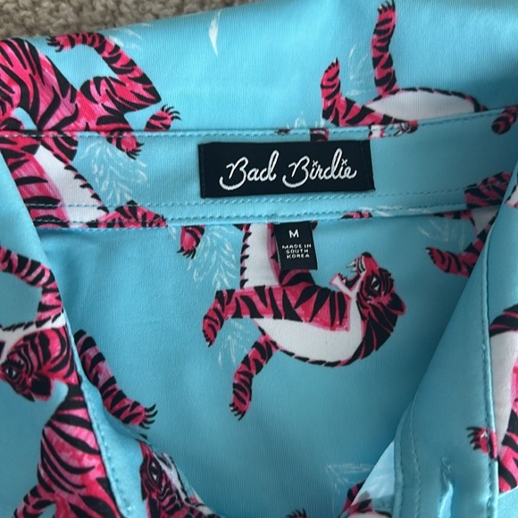 Bad Birdie Men’s Tourqouis Blue Polo with Pink Tigers Size Medium - Picture 6 of 8